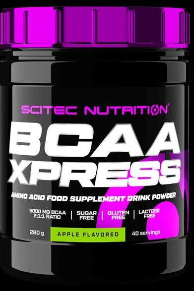 Scitec Nutrition BCAA Xpress powder tub, 280g apple flavor, sugar-free, gluten-free, lactose-free, 40 servings.