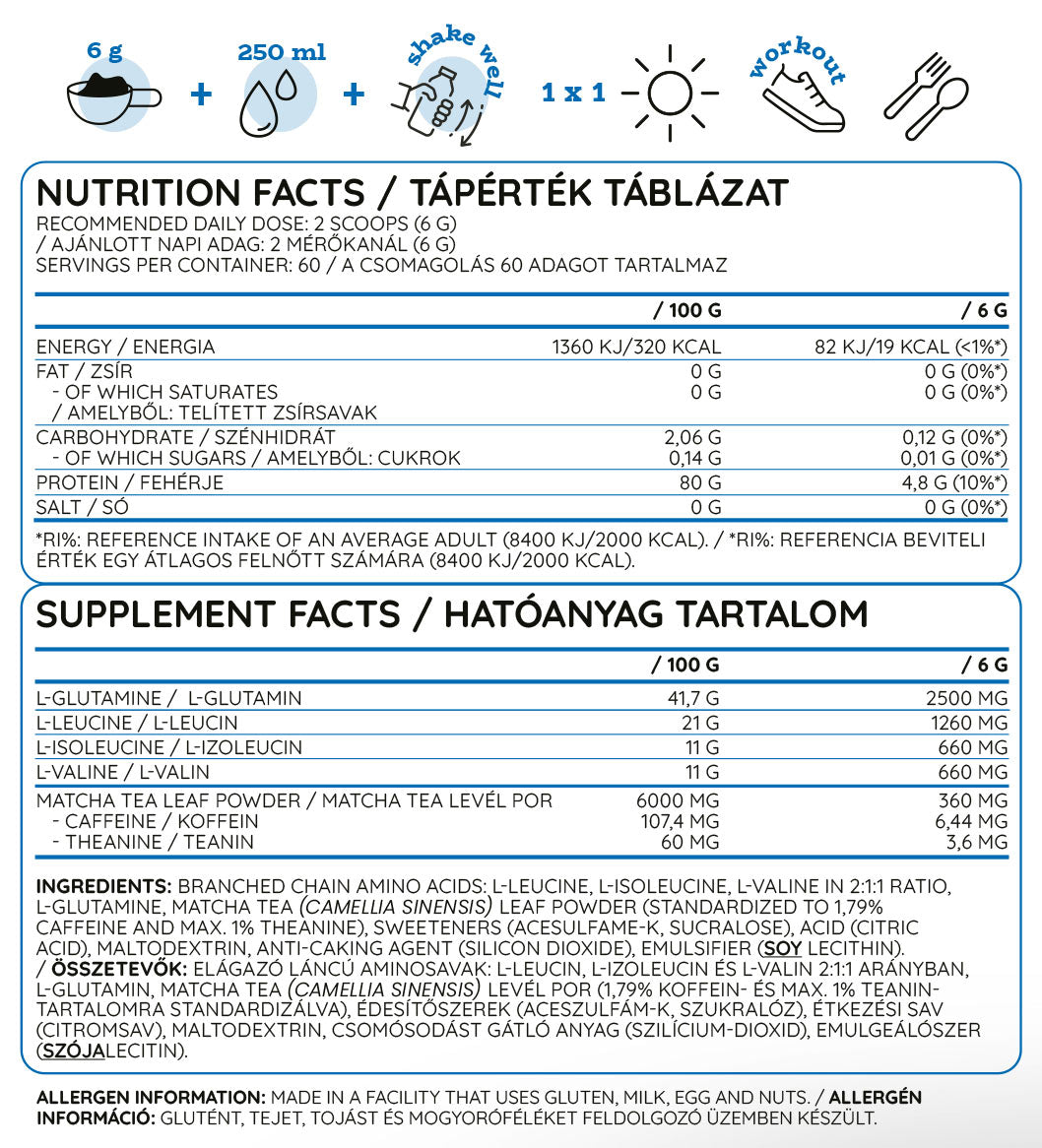 BCAA + Gluta – Aminosyrakomplement produktetikett
