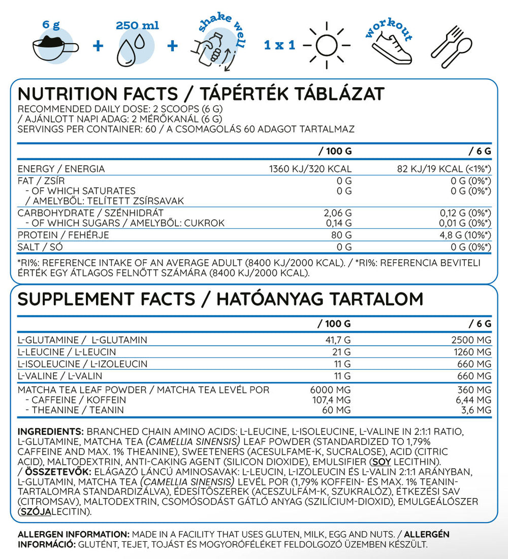 BCAA + Gluta – Aminosyrakomplement produktetikett