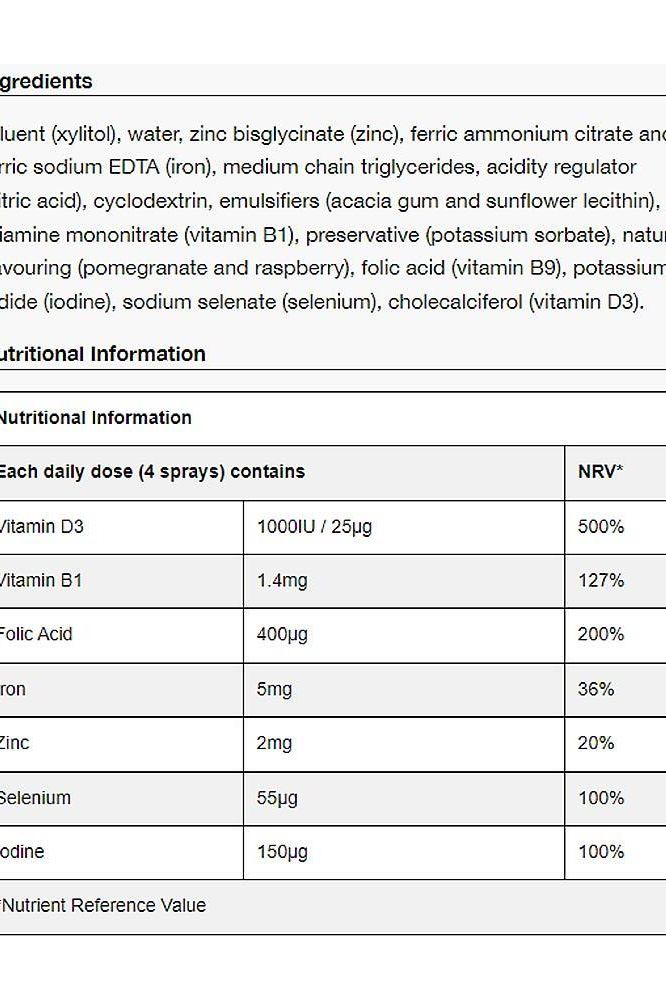 Nutritional information and ingredients for Better You Conception Daily Oral Spray in Pomegranate flavor, highlighting key vitamins.