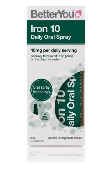BetterYou Iron 10 Daily Oral Spray 25ml with natural pomegranate flavor, delivering 10mg of iron per serving.