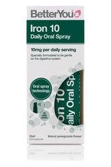 BetterYou Iron 10 Daily Oral Spray 25ml with natural pomegranate flavor, delivering 10mg of iron per serving.