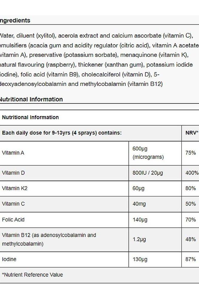 Nutritional information and ingredients for BetterYou Children's Health Oral Spray, highlighting vitamins and minerals.