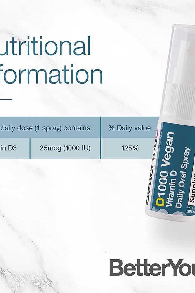 Nutritional information for BetterYou D1000 Vegan Vitamin D Oral Spray, detailing vitamin D content and daily values.