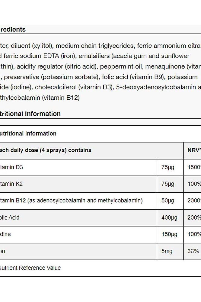 Ingredient and nutritional information for BetterYou Pregnancy Oral Spray, highlighting vitamins and key nutrients.
