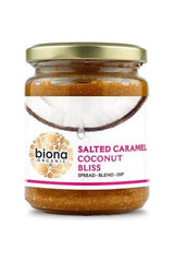 Biona Organic Salted Caramel Coconut Bliss jar, 250g, featuring a rich spread ideal for dips and blends.