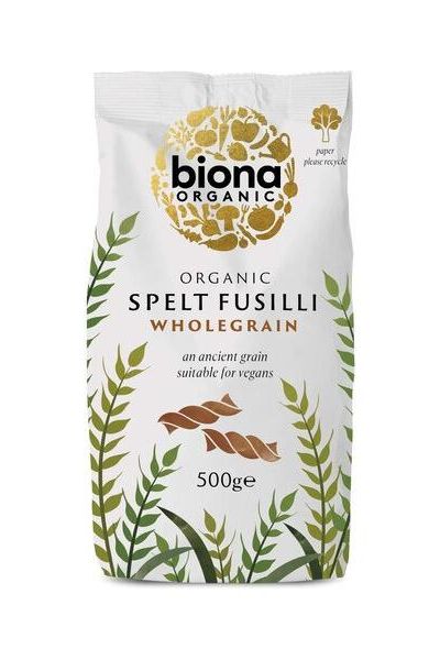 Biona Organic Spelt Wholegrain Fusilli 500g, an ancient grain pasta suitable for vegans with high fiber content.