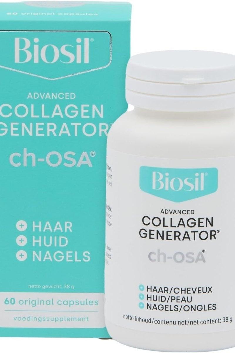 Biosil Advanced Collagen Generator ch-OSA supplement bottle and box for healthy hair, skin, and nails.