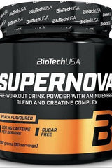 BioTech Supernova pre-workout drink powder in peach flavor, sugar-free, with 200 mg caffeine and creatine complex.