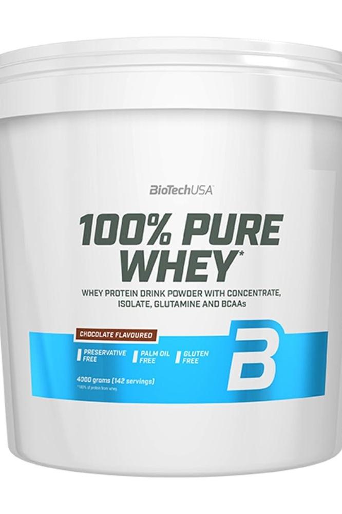 BioTech USA 100% Pure Whey protein powder, chocolate flavor, gluten-free and palm oil-free, 4000g.