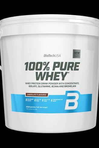 BioTech USA 100% Pure Whey protein powder container, chocolate flavored, with BCAAs, glutamine, and no added sugars.
