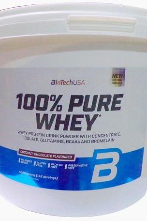 BioTech USA 100% Pure Whey protein powder in coconut-chocolate flavor, gluten-free and no added sugar.