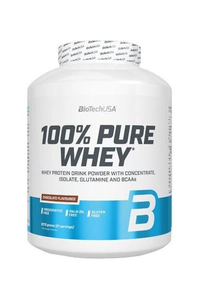 BioTech USA 100% Pure Whey protein powder container, gluten-free and without added sugar.