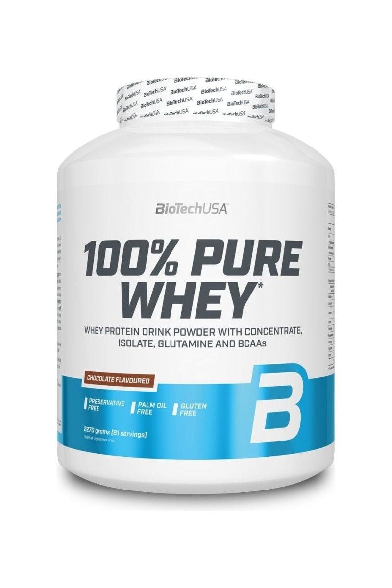 BioTech USA 100% Pure Whey protein powder, chocolate flavor, BCAA, gluten-free, no added sugars.