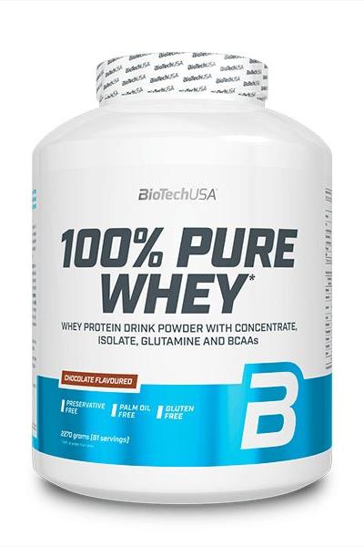 BioTech USA 100% Pure Whey protein powder, gluten-free, with BCAAs, glutamine, and without added sugar.