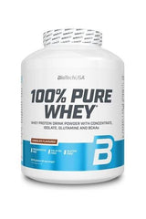 BioTech USA 100% Pure Whey protein powder in chocolate flavor with BCAAs, gluten-free and sugar-free.