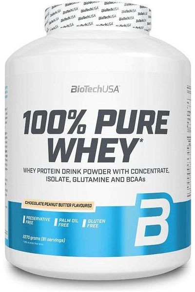 BioTech USA 100% Pure Whey protein powder in chocolate peanut butter flavor, gluten-free and palm oil-free.