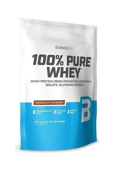 BioTech USA 100% Pure Whey protein powder bag, chocolate flavored, gluten-free and palm oil-free, 454 grams.