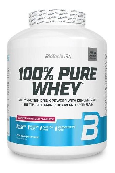 BioTech USA 100% Pure Whey protein powder in raspberry cheesecake flavor, gluten-free and sugar-free.