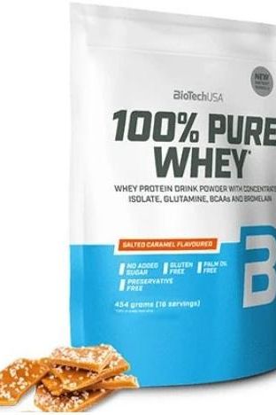 BioTech USA 100% Pure Whey protein powder, salted caramel flavor, gluten-free, no added sugar, 454g.