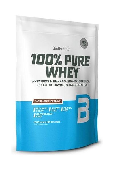 BioTech USA 100% Pure Whey protein powder packaging, gluten-free, chocolate flavored, no added sugar or palm oil.