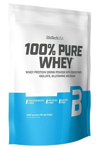 BioTech USA 100% Pure Whey protein powder package, gluten-free, preservative-free, and palm oil-free.