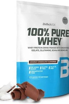 BioTech USA 100% Pure Whey Protein Powder bag, coconut-chocolate flavor, gluten-free and no added sugar.