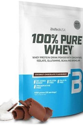BioTech USA 100% Pure Whey Protein Powder, coconut-chocolate flavor, gluten-free, no added sugar.
