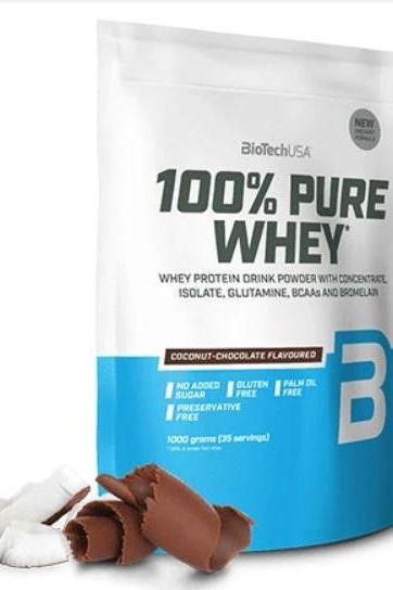 BioTech USA 100% Pure Whey protein powder in coconut-chocolate flavor with no added sugar, gluten, or palm oil.