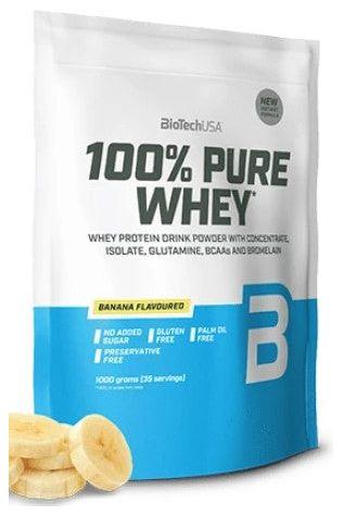 BioTech USA 100% Pure Whey protein powder bag with banana flavor, gluten-free, and no added sugar.