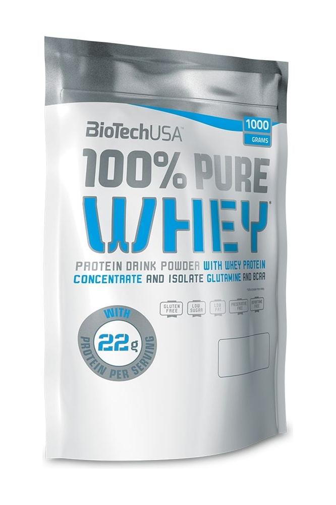 BioTech USA 100% Pure Whey protein powder package with 22g protein per serving, 1000 grams.