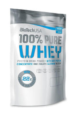 BioTech USA 100% Pure Whey protein powder package with 22g protein per serving, 1000 grams.