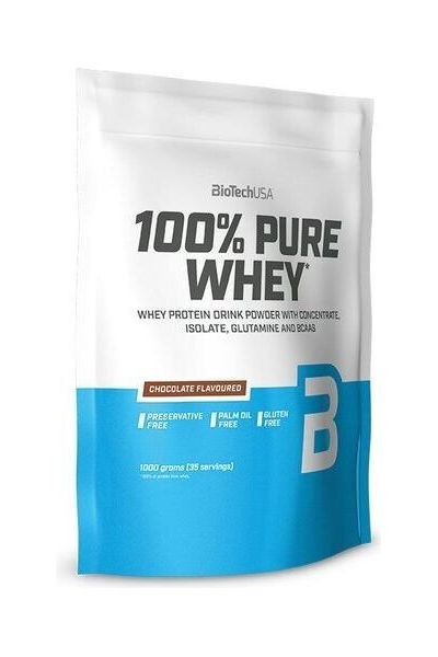 BioTech USA 100% Pure Whey protein powder in chocolate flavor, gluten-free and palm oil-free, 1000 grams.