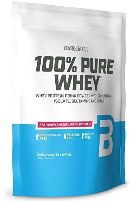 BioTech USA 100% Pure Whey protein powder bag, raspberry cheesecake flavor, gluten and palm oil free.