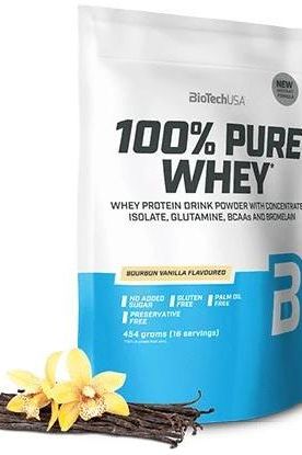 BioTech USA 100% Pure Whey protein powder bag with bourbon vanilla flavor, gluten-free, no added sugar, and BCAAs.
