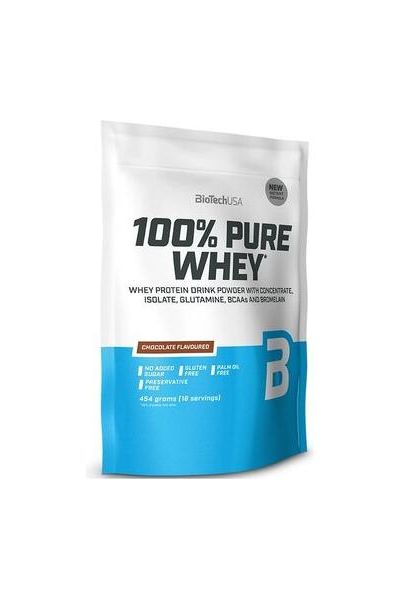 BioTech USA 100% Pure Whey protein powder package, chocolate flavor, gluten-free, no added sugar.