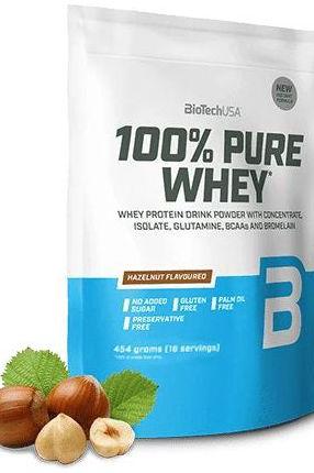 BioTech USA 100% Pure Whey protein powder bag with hazelnut flavor, gluten-free and no added sugar.