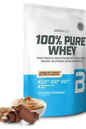 BioTech USA 100% Pure Whey protein powder bag - chocolate peanut butter flavor, gluten-free, no added sugar.