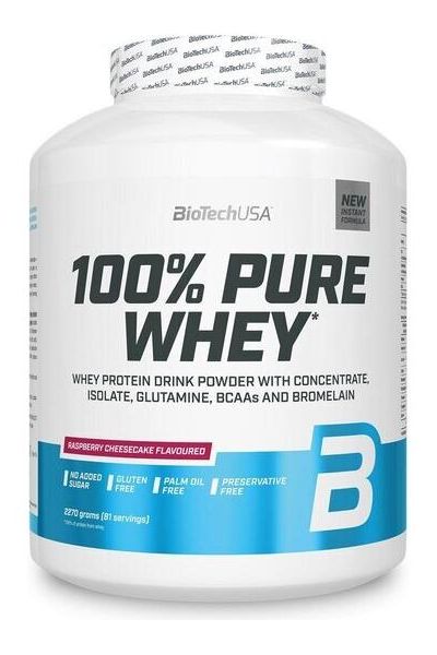 BioTech USA 100% Pure Whey protein powder in raspberry cheesecake flavor, gluten-free and sugar-free.
