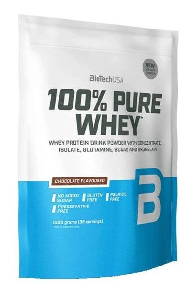 BioTech USA 100% Pure Whey protein powder, chocolate flavor, gluten-free, no added sugar, 1000g.