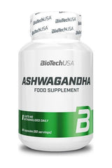 BioTech USA Ashwagandha food supplement bottle with 60 capsules for natural wellness support.