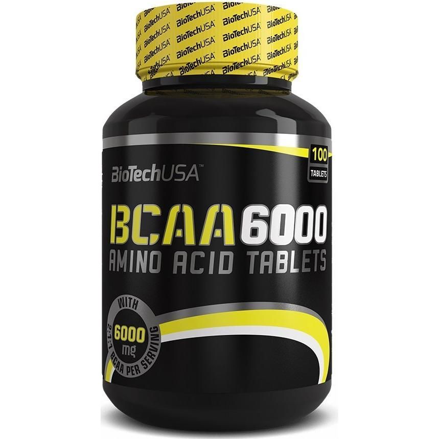 BioTech USA BCAA 6000 supplement bottle with 100 tablets for muscle growth and maintenance, 6000 mg per serving.
