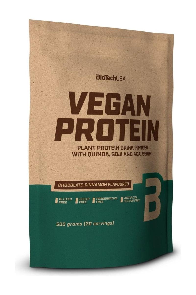 BioTech USA Vegan Protein drink powder packaging with quinoa, goji, and acai berry, gluten, sugar, and preservative free.