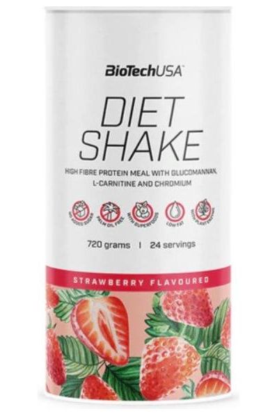 BioTech USA Diet Shake with high fibre, L-carnitine, and chromium in a strawberry-flavoured powder can.