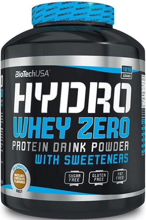 Hydro Whey Zero protein drink powder by BioTech USA in a black container, high protein, sugar-free, gluten-free.
