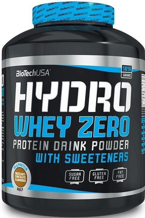 BioTech USA Hydro Whey Zero protein drink powder, sugar-free, gluten-free, and fat-free, promoting quick recovery.