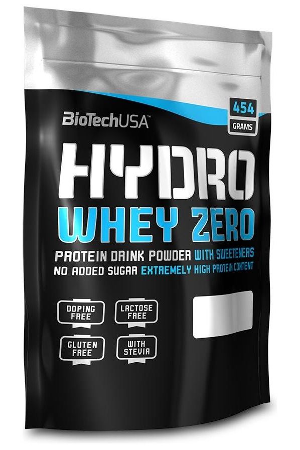 BioTech USA Hydro Whey Zero protein powder packaging, gluten-free, sugar-free, high protein content.