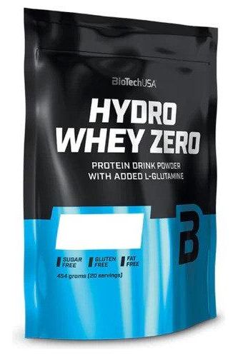 BioTech USA Hydro Whey Zero protein drink powder with added L-Glutamine in packaging, sugar-free and gluten-free.