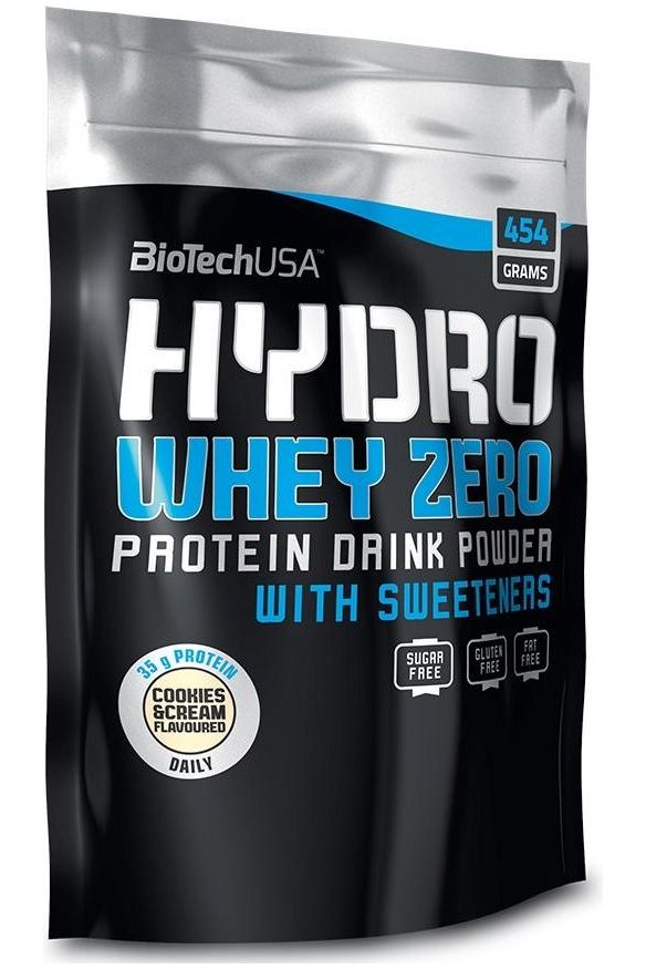 BioTech USA Hydro Whey Zero protein drink powder, 454 grams, gluten-free, sugar-free, high-protein, quick recovery.