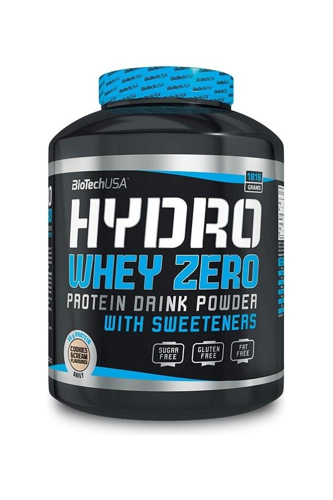 BioTech USA Hydro Whey Zero protein drink powder, sugar-free, gluten-free, quick recovery, high protein content.
